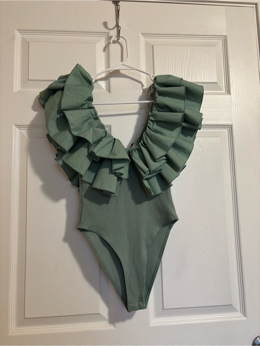 Ruffled One-Piece Bodysuit in Sage Green for women